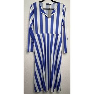 HUMELAN Blue White Striped Midi Dress Long Sleeve V Neck Zipper Women‎ XL